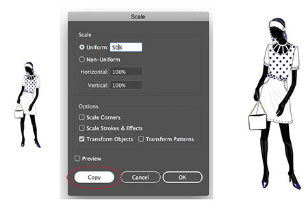 The scaled copy of the fashion figure in Adobe Illustrator