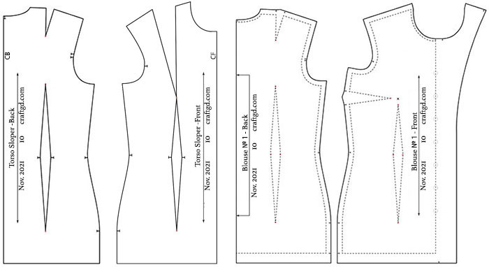 The torso sloper, front and back of the blouse pattern