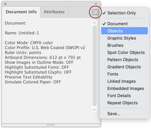 The Document Info panel – Objects option